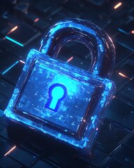 Poster - 3Drendered digital blue closed padlock, top view on abstract dark background with glowing squares and triangles, cyber data confidentiality concept, secure technology visualization