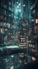 Poster - Discover a mesmerizing digital library filled with glowing symbols and floating books, creating an enchanting atmosphere of knowledge and exploration.