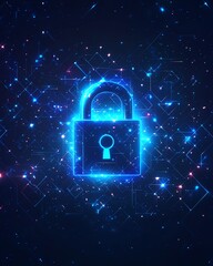 Poster - 3Drendered digital blue closed padlock, top view on abstract dark background with glowing squares and triangles, cyber data confidentiality concept, secure technology visualization