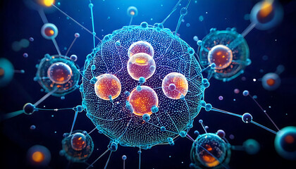 Poster - Stunning abstract image of interconnected glowing spheres, perfect for illustrating concepts related to science, technology, connectivity, or networks.