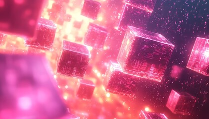 Poster - Abstract digital cyberspace, matrix background, floating cubes, binary code, 3D rendering, futuristic glowing digits, modern hightech visualization