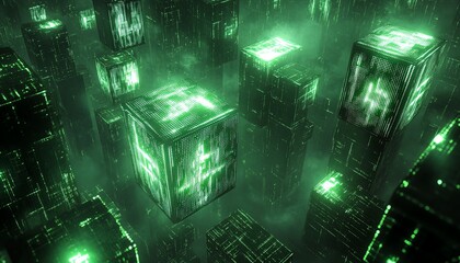 Poster - Abstract digital cyberspace, matrix background, floating cubes, binary code, 3D rendering, futuristic glowing digits, modern hightech visualization