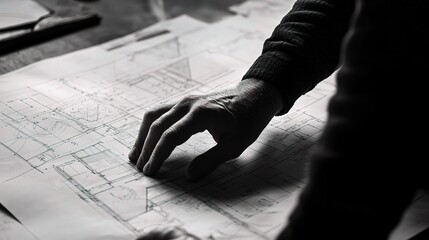 Poster - Architect Hand Reviewing Detailed Blueprint for Construction Planning