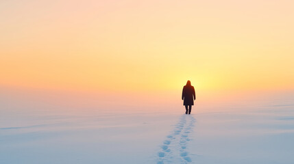 Wall Mural - trekking solo across snow-covered terrain, casting long shadows during golden hour with footprints m