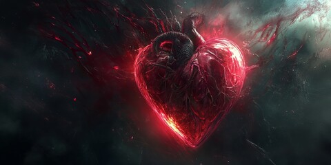 Wall Mural - A heart with red flames surrounding it. The heart is surrounded by a dark background. The heart is in the center of the image