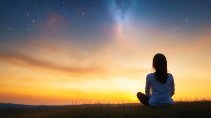 Wall Mural - Silhouette of a young woman practicing yoga at sunset, meditating under a beautiful starry sky with the Milky Way