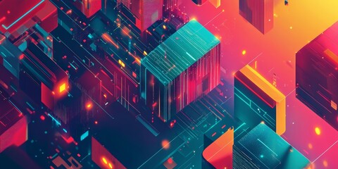 Poster - Explore a vivid abstract scene showcasing geometric data shapes in a colorful futuristic landscape, highlighting dynamic interactions and intricate designs.