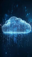 Poster - this abstract image showcases a digital cloud surrounded by glowing particles in a dark space. it sy