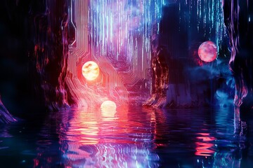 Poster - A computer generated image of a body of water with three glowing orbs floating on the surface. The orbs are red and blue and appear to be floating in the water