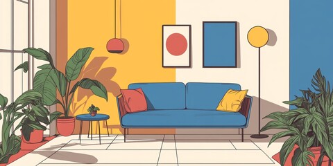 Sticker - A blue couch is in a room with a yellow wall. There are two yellow pillows on the couch