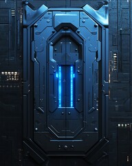 Poster - Cyber data confidentiality concept, digital blue closed padlock from top view, glowing geometric shapes on abstract dark background, 3D rendering, hightech secure design