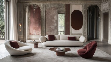 Wall Mural - A living room with a couch, a coffee table, and a chair. The couch is white and the chair is red