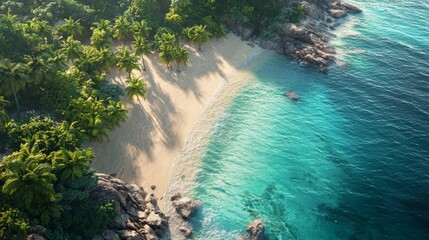 Aerial view of a serene tropical beach with turquoise waters, sandy shore, and lush palm trees, creating a picturesque paradise.