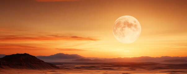 Wall Mural - Massive moon ascending over barren desert landscape, painting sky with vivid orange sunset hues, evoking surreal ambiance