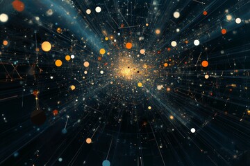 Poster - Explore a dynamic visualization of data points against a vibrant digital background, simulating a cosmic environment full of light and movement.