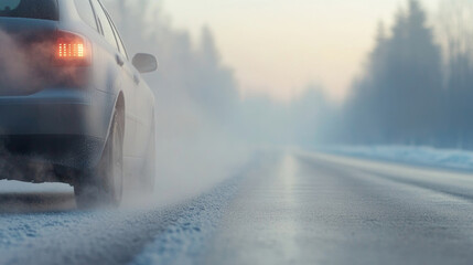Wall Mural - exhaust fumes billowing from a car on a misty winter road, highlighting the cold, icy conditions and
