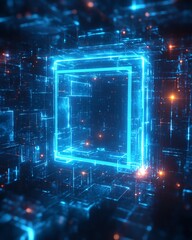 Poster - Digital blue closed padlock on abstract dark background, cyber data confidentiality, glowing squares and triangles, 3D rendering, futuristic secure technology design