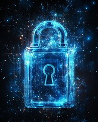 Poster - Digital blue closed padlock on abstract dark background, cyber data confidentiality, glowing squares and triangles, 3D rendering, futuristic secure technology design