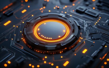 Poster - Digital closed padlock hovering over virtual button, high speed security technology, micro circuit background, 3D rendering, advanced data protection, futuristic tech design