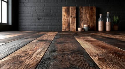 Poster - A close-up view of wooden flooring, showcasing rich textures and tones, with a dark brick wall and decorative items in a modern interior setting.