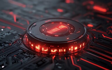 Poster - Digital closed padlock hovering over virtual button, high speed security technology, micro circuit background, 3D rendering, advanced data protection, futuristic tech design