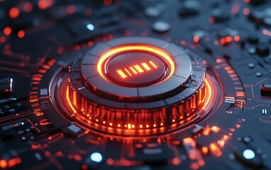 Poster - Digital closed padlock hovering over virtual button, high speed security technology, micro circuit background, 3D rendering, advanced data protection, futuristic tech design