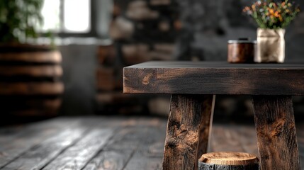 Poster - A rustic wooden table with a sturdy design, placed in a cozy interior with natural light, featuring decorative items and plants.