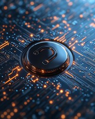 Poster - Digital closed padlock symbol hovering over virtual button, high speed security technology, micro circuit background, data protection concept, 3D rendering, modern security visuals