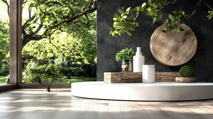 Poster - A serene, modern interior space featuring natural elements, minimalist decor, and a backdrop of lush greenery.