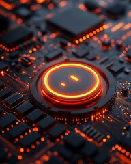 Poster - Digital closed padlock symbol hovering over virtual button, high speed security technology, micro circuit background, data protection concept, 3D rendering, modern security visuals