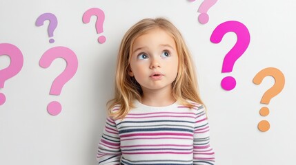 Poster - Preschool girl looking up with a curious expression at colorful question marks on a white background, representing childhood curiosity, questions, and learning
