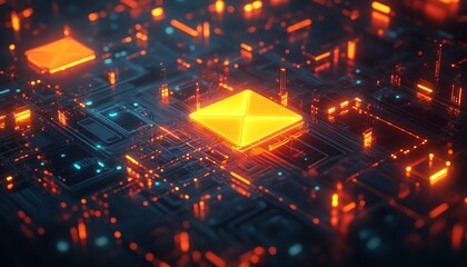 Poster - Digital yellow and red envelope icons, networking and mail communication, 3D rendering, dark circuit background, futuristic tech design, glowing digital elements