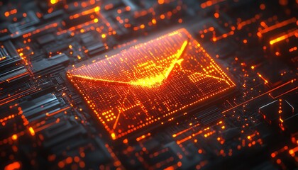 Poster - Digital yellow and red envelope icons, networking and mail communication, 3D rendering, dark circuit background, futuristic tech design, glowing digital elements
