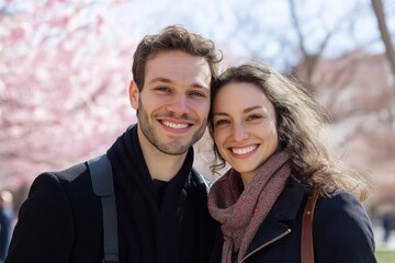 Wall Mural - A man and a woman are smiling at the camera. They are wearing black coats and a scarf