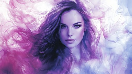 Wall Mural - Woman with flowing hair in purple and blue smoke.