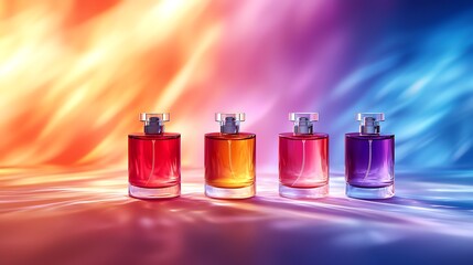 Poster - Four colorful perfume bottles on a reflective surface with vibrant background.