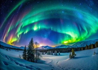 Wall Mural - panoramic aurora borealis landscape: vibrant green and blue night sky with stars