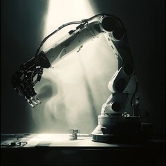 Poster - A robotic arm illuminated by spotlight, highlighting cutting-edge technology and innovation in industrial automation.