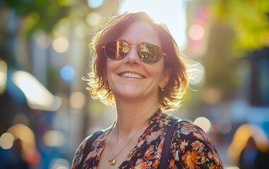 Outdoor portrait of a cheerful woman with sunglasses, set against a vibrant city backdrop, bathed in natural sunlight, radiating joy and energy.

