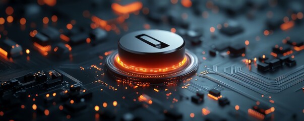 Poster - Highspeed data protection technology, digital closed padlock hovering over virtual button, dark micro circuit background, 3D rendering, cuttingedge security design