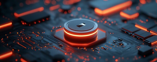 Poster - Highspeed data protection technology, digital closed padlock hovering over virtual button, dark micro circuit background, 3D rendering, cuttingedge security design