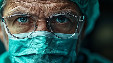 Poster - Focused surgeon performing minimally invasive surgery wearing magnifying glasses and gloves Stock Photo with side copy space
