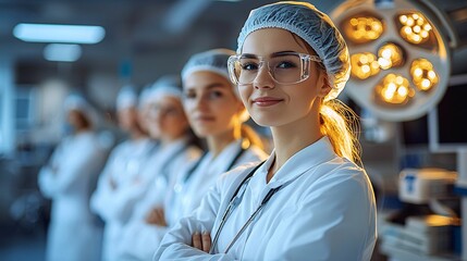 Poster - Live demonstration of minimally invasive surgery in a medical training facility with attentive students Stock Photo with side copy space