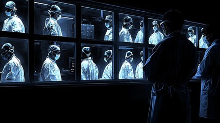 Poster - High-resolution monitors displaying live surgery footage from robotic equipment Stock Photo with side copy space