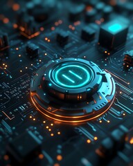 Poster - Highspeed security and data protection concept, digital closed padlock hovering over virtual button, dark micro circuit background, 3D rendering, futuristic digital tech design