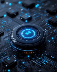Poster - Highspeed security and data protection concept, digital closed padlock hovering over virtual button, dark micro circuit background, 3D rendering, futuristic digital tech design