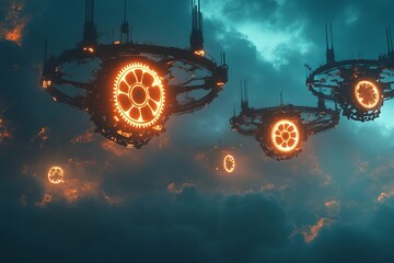 Wall Mural - three glowing space ships flying in the sky. the middle one has a clock on it. the other two are sma