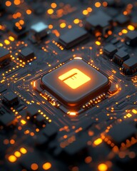 Poster - Highspeed security and data protection concept, digital closed padlock hovering over virtual button, dark micro circuit background, 3D rendering, futuristic digital tech design