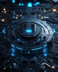 Poster - Highspeed security and data protection concept, digital closed padlock hovering over virtual button, dark micro circuit background, 3D rendering, futuristic digital tech design