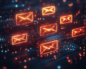 Poster - Mail communication and networking concept, digital yellow and red envelope symbols, dark circuit background, 3D rendering, modern tech design, glowing digital envelopes